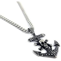 Yeidid International Vintage Stainless Steel Jewelry Pirate Skull Anchor Pendant 6mm Curb Chain Necklace