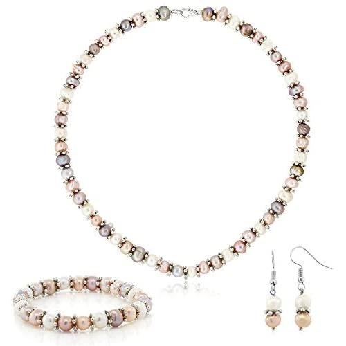 Gem Stone King Pink & White Cultured Freshwater Pearl Necklace Earrings Bracelet Set 7-8MM 18inches