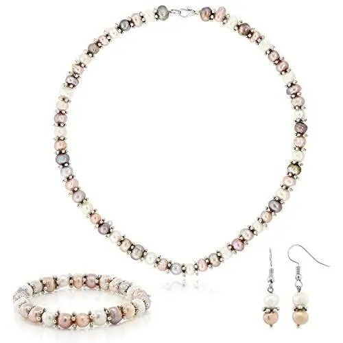 Gem Stone King Pink & White Cultured Freshwater Pearl Necklace Earrings Bracelet Set 7-8MM 18inches Gem Stone King Pink & White Cultured Freshwater Pearl Necklace Earrings Bracelet Set 7-8MM 18inches