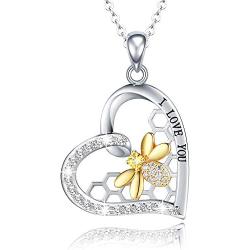 JZCOLOR 925 Sterling Silver Heart Honeycomb Necklace - I Love You Cute Bee Cubic Zirconia Pendant Jewelry Gifts for Women Girls