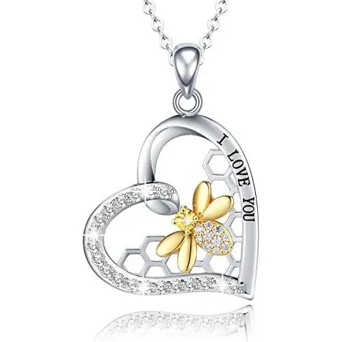 JZCOLOR 925 Sterling Silver Heart Honeycomb Necklace - I Love You Cute Bee Cubic Zirconia Pendant Jewelry Gifts for Women Girls JZCOLOR 925 Sterling Silver Heart Honeycomb Necklace - I Love You Cute Bee Cubic Zirconia Pendant Jewelry Gifts for Women Girls