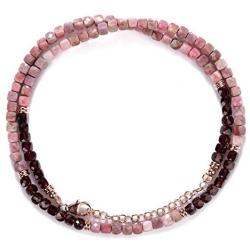 NirvanaIN Rhodonite Beads Necklace, Garnet Beads Necklace, Beaded Rose Gold Plated Sterling Silver Pink Rhodonite Purple Garnet Beads Jewelry Necklace