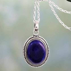 NOVICA Lapis Lazuli .925 Sterling Silver Oval Pendant Necklace, 18'' True Clarity