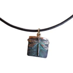 Elaine Coyne Small Patina Dragonfly Pendant - Leather Cord