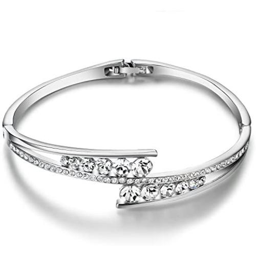 Menton Ezil Love Encounter Crystals Bangle Bracelets White Gold Plated Adjustable Hinged Jewelry