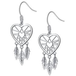 S925 Sterling Silver Dream Catcher Feather Forever Love Heart Earrings Gift for Women Girls