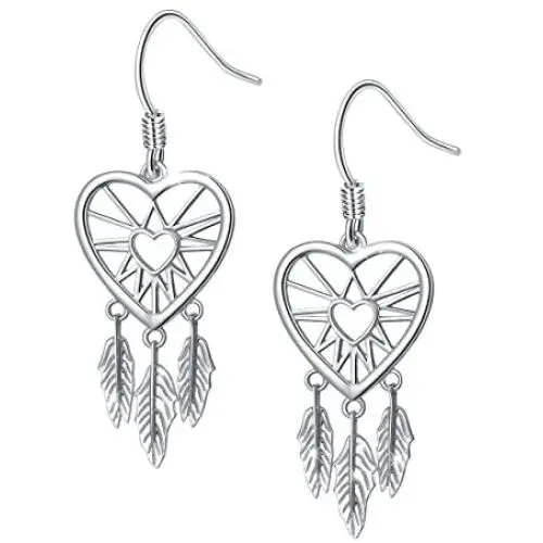 S925 Sterling Silver Dream Catcher Feather Forever Love Heart Earrings Gift for Women Girls S925 Sterling Silver Dream Catcher Feather Forever Love Heart Earrings Gift for Women Girls