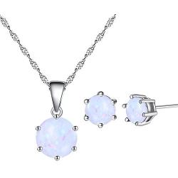 AILUOR Opal Jewelry Set, Sterling Silver Created Simulated Gemstone Round Halo Solitaire Pendant Necklace and Stud Earrings Set