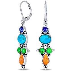 Southwestern Style Multi Stone Sterling Silver Lapis Stabilized Turquoise Orange Coral Dangle Earrings For Women