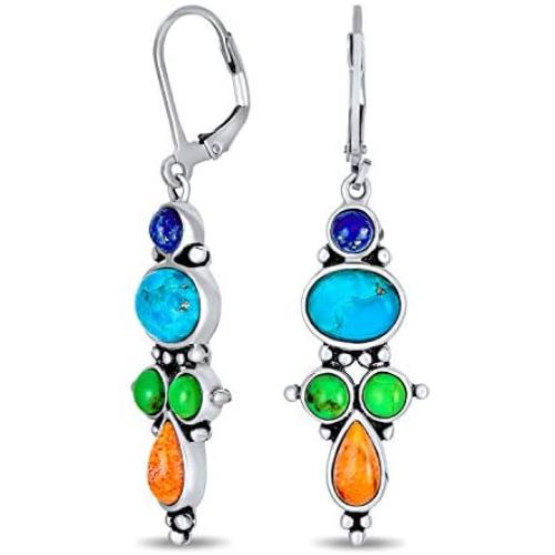 Southwestern Style Multi Stone Sterling Silver Lapis Stabilized Turquoise Orange Coral Dangle Earrings For Women