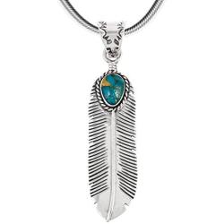 Turquoise Feather Pendant Necklace in Sterling Silver 925 & Genuine Turquoise (20'' Length)