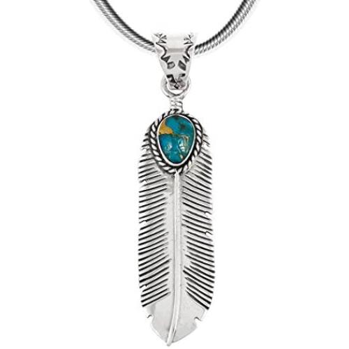 Turquoise Feather Pendant Necklace in Sterling Silver 925 & Genuine Turquoise (20'' Length)