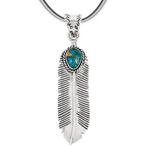 Turquoise Feather Pendant Necklace in Sterling Silver 925 & Genuine Turquoise (20'' Length) Turquoise Feather Pendant Necklace in Sterling Silver 925 & Genuine Turquoise (20'' Length)