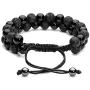 Jovivi 2 Pcs Bead Bracelet for Men Women Lava Rock Essential Oil Diffuser Bracelet Black Leather Natural Stone Beaded Bracelet Set Stainless Steel Cuff Bangle Adjustable