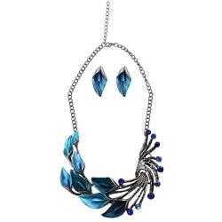 iNewcow Tibetan Silver Blue Peacock Crystal Earrings Necklace Set for Wedding Party