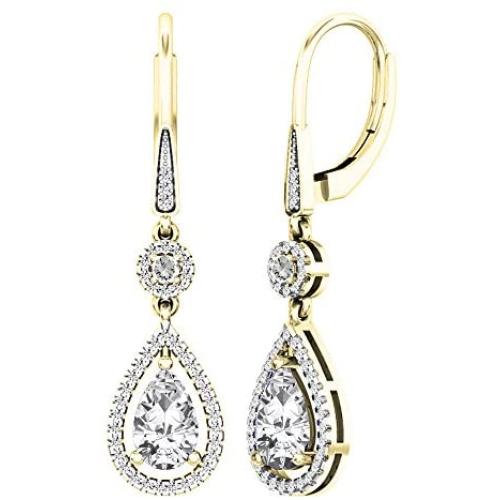 Dazzlingrock Collection 14K 8X5 MM Each Lab Created Round & Pear Gemstone & Round Diamond Teardrop Dangling Earrings, Yellow Gold