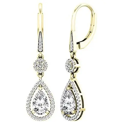 Dazzlingrock Collection 14K 8X5 MM Each Lab Created Round & Pear Gemstone & Round Diamond Teardrop Dangling Earrings, Yellow Gold