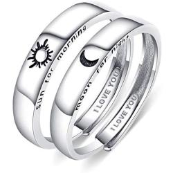 Beydodo 925 Sterling Silver Rings Engagement Couple Rings Sun and Moon 2In1 I Love You Rings Adjustable Custom