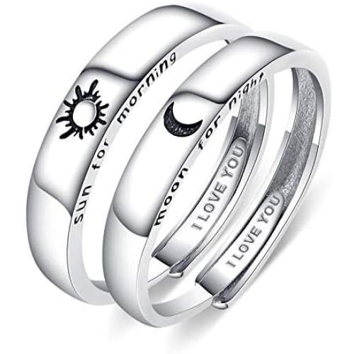 Beydodo 925 Sterling Silver Rings Engagement Couple Rings Sun and Moon 2In1 I Love You Rings Adjustable Custom