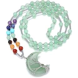 Top Plaza Natural Reiki Healing Crystal Stone Beads Necklaces Tree of Life Wire Wrapped Gemstone Moon Pendant Necklace Crescent Moon Jewelry for Women