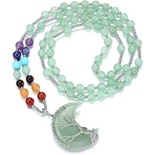 Top Plaza Natural Reiki Healing Crystal Stone Beads Necklaces Tree of Life Wire Wrapped Gemstone Moon Pendant Necklace Crescent Moon Jewelry for Women