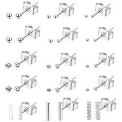 CASSIECA 15 Pairs Stainless Steel Tiny Bar Stud Earrings Small CZ Ball Cartilage Piercing Mini Stick Line Barbell Stud Earring Set for Women Men 2MM-4MM