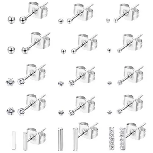 CASSIECA 15 Pairs Stainless Steel Tiny Bar Stud Earrings Small CZ Ball Cartilage Piercing Mini Stick Line Barbell Stud Earring Set for Women Men 2MM-4MM