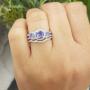 Round Gemstone & White Diamond Ladies 3 Stone Halo Bridal Engagement Ring With Matching Band Set, 14K White Gold