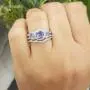 Round Gemstone & White Diamond Ladies 3 Stone Halo Bridal Engagement Ring With Matching Band Set, 14K White Gold Round Gemstone & White Diamond Ladies 3 Stone Halo Bridal Engagement Ring With Matching Band Set, 14K White Gold