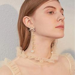 fxmimior Fashion Women Bow Pearls Tassel Long Earrings Lucky Gold Long Chain Drop Dangle Earrings Jewelry for Wedding Party Bar