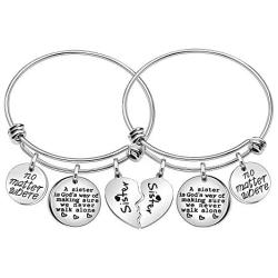 No Matter Where Sister Bracelets 2 Pcs Broken Heart Round Charm Bangles for Sister Daughter