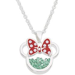 Disney Birthstone Women and Girls Jewelry Minnie Mouse Silver Plated Shaker Pendant Necklace, 18+2'' Extender