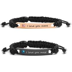 Jovivi Personalized Custom 2pcs Matching Couple Bracelets for Him and Her Handmade Braided Rope Stainless Steel Link ID Relationship His and Her Bracelets Gifts for Men Women Couples Lover