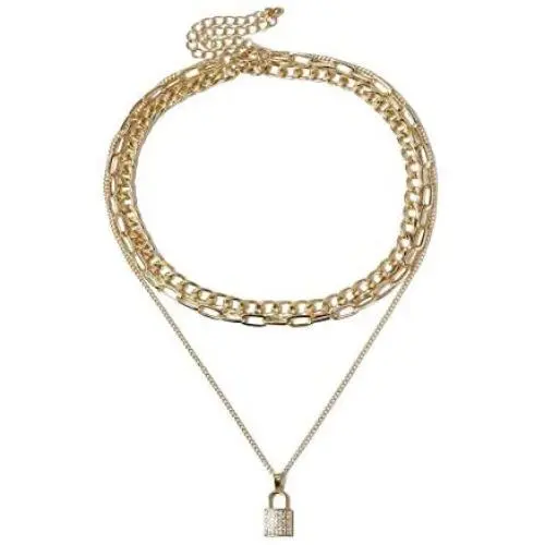 Double Layer Gold-Tone Lock and Butterfly Pendant Necklace Fashionable Women Girl Jewelry Double Layer Gold-Tone Lock and Butterfly Pendant Necklace Fashionable Women Girl Jewelry