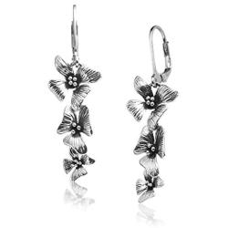 Big Apple Hoops - Mothers Day Jewelry Orchid Flowers Dangle Earrings Made from Real Solid 925 Sterling Silver Oxidized Finish
