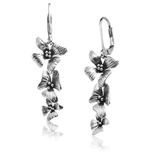 Big Apple Hoops - Mothers Day Jewelry Orchid Flowers Dangle Earrings Made from Real Solid 925 Sterling Silver Oxidized Finish