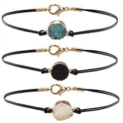 HUNO 3Pcs/Set Druzy Charm Leather Cord Choker Necklace Double Chain Crystal Necklace