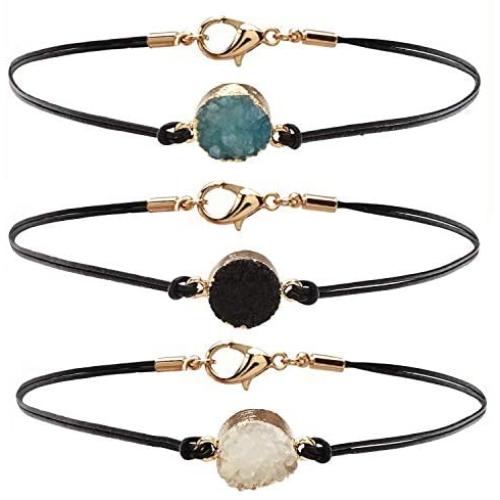 HUNO 3Pcs/Set Druzy Charm Leather Cord Choker Necklace Double Chain Crystal Necklace