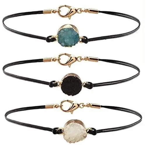 HUNO 3Pcs/Set Druzy Charm Leather Cord Choker Necklace Double Chain Crystal Necklace HUNO 3Pcs/Set Druzy Charm Leather Cord Choker Necklace Double Chain Crystal Necklace