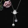HSQYJ Crystal Flower Pendant Necklace Pretty Pearl Adjustable Long Sweater Necklace Fashion Jewelry for Women Girls