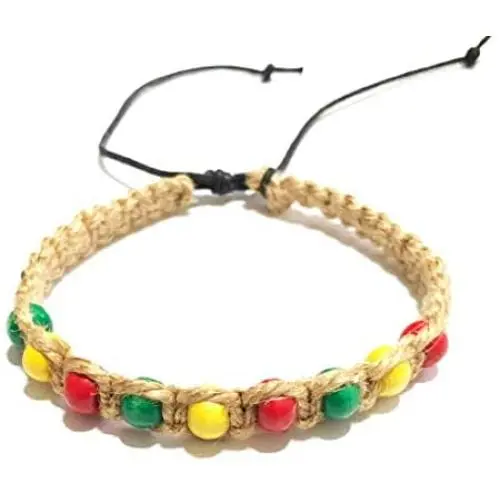 Men Rasta Bracelets Hemp Bracelet-Black Bracelet with Jamaican Color Beads Handmade Braided with Natural Rope Theme Surfer Summer Jewelry