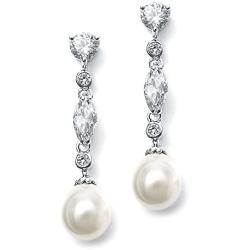 Mariell Linear Cubic Zirconia and Bold Pearl Teardrop Wedding Earrings for Brides - Platinum Plated