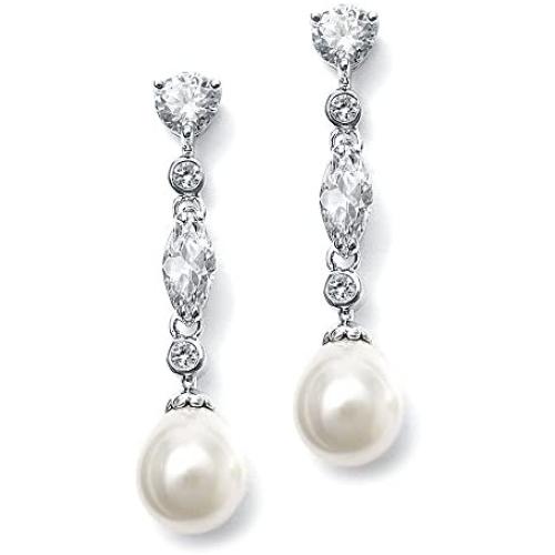 Mariell Linear Cubic Zirconia and Bold Pearl Teardrop Wedding Earrings for Brides - Platinum Plated