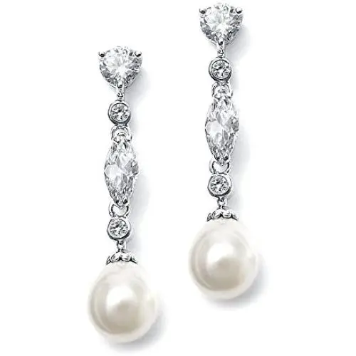 Mariell Linear Cubic Zirconia and Bold Pearl Teardrop Wedding Earrings for Brides - Platinum Plated Mariell Linear Cubic Zirconia and Bold Pearl Teardrop Wedding Earrings for Brides - Platinum Plated