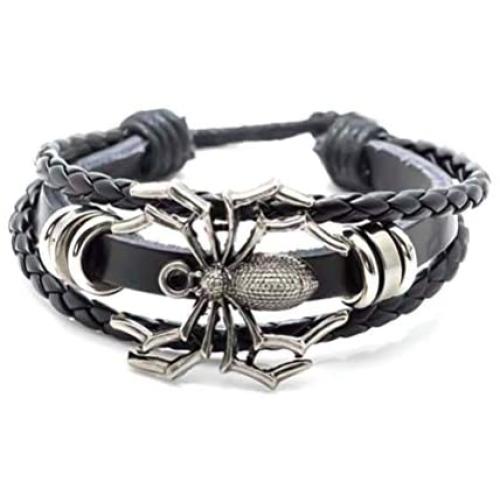 Xusamss Punk Rock Alloy Spider Bracelet Drawstring Rope Leather Bracelet,7-8inches
