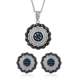Jewelili Sterling Silver 1/10 Cttw Treated Blue with Natural Black and White Diamond Accent Pendant and Stud Earrings Jewelry Set
