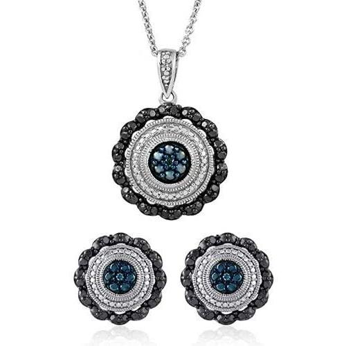 Jewelili Sterling Silver 1/10 Cttw Treated Blue with Natural Black and White Diamond Accent Pendant and Stud Earrings Jewelry Set
