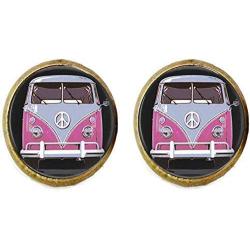 Vintage Pink Peace Photo Earring Bus Car Glass Jewelry Camper Van