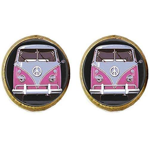 Vintage Pink Peace Photo Earring Bus Car Glass Jewelry Camper Van