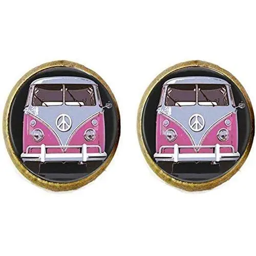 Vintage Pink Peace Photo Earring Bus Car Glass Jewelry Camper Van Vintage Pink Peace Photo Earring Bus Car Glass Jewelry Camper Van